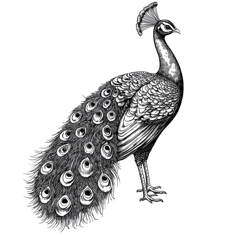 雀　鉛筆画 孔雀の鉛筆スケッチクリップアート12点、白黒の鳥のイラスト、印刷可能