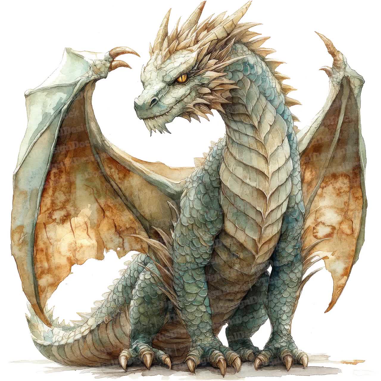 中世のドラゴンのクリップアート12点、水彩ファンタジードラゴンの