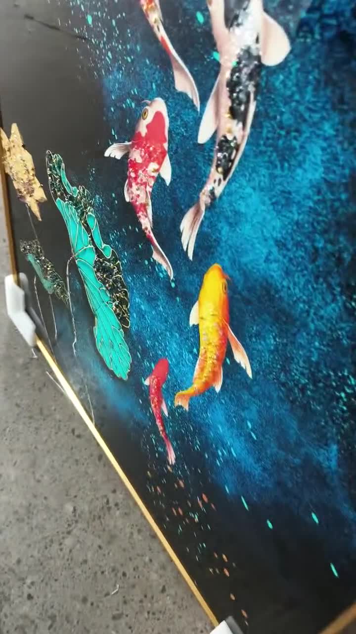 Lucky Fish Tempered Glass Wall Art, Large Framed Crystal Porcelain