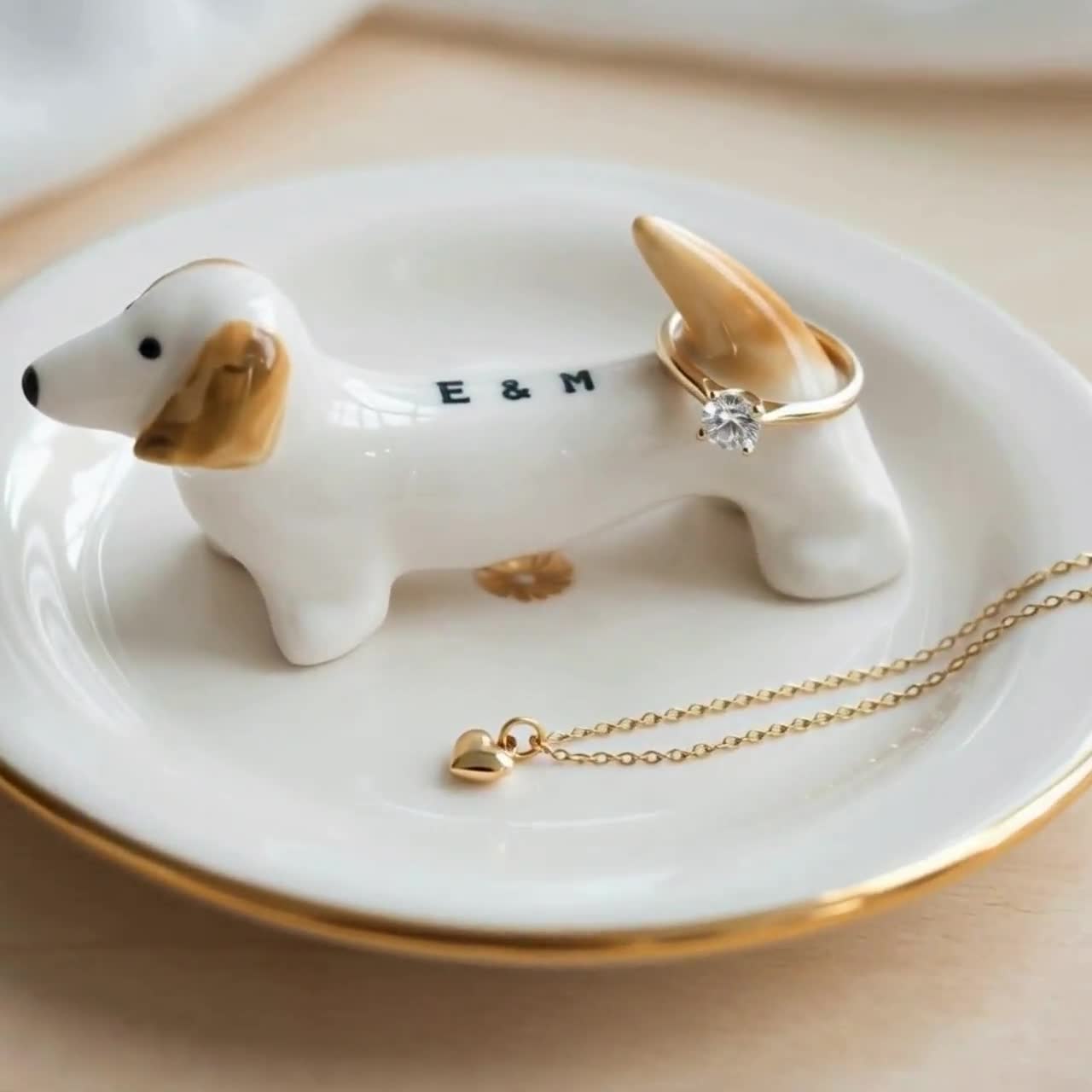 Personalized Dachshund Ring Holder: Handmade Porcelain Jewelry