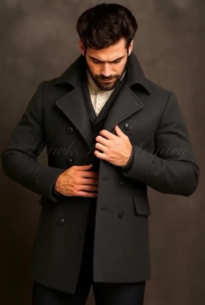 Men's Victorian Black Wool Peacoat, Vintage Gothic Steampunk