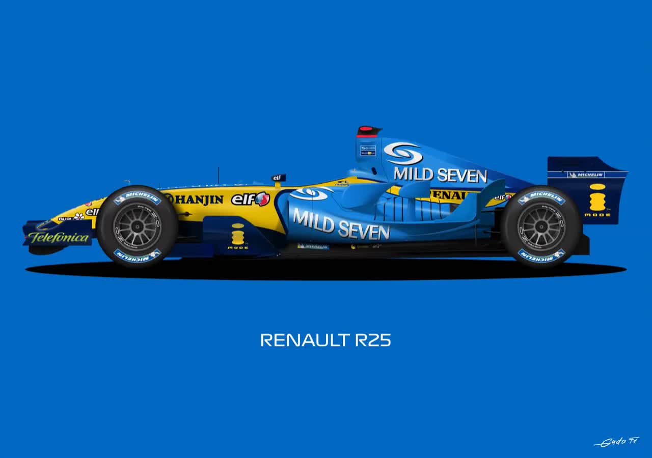 ルノー R25 F1 カー ポスター: フェルナンド アロンソ、2005 年