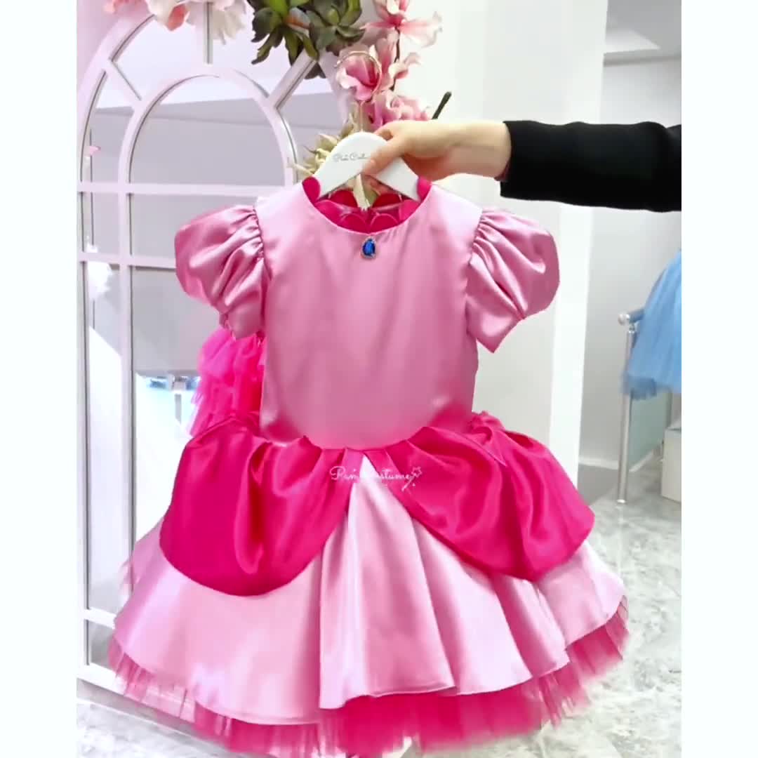 Princess Peach Inspired Dress, Pink Birthday Costume, Super Mario Party Gown, Toddler Halloween Outfit