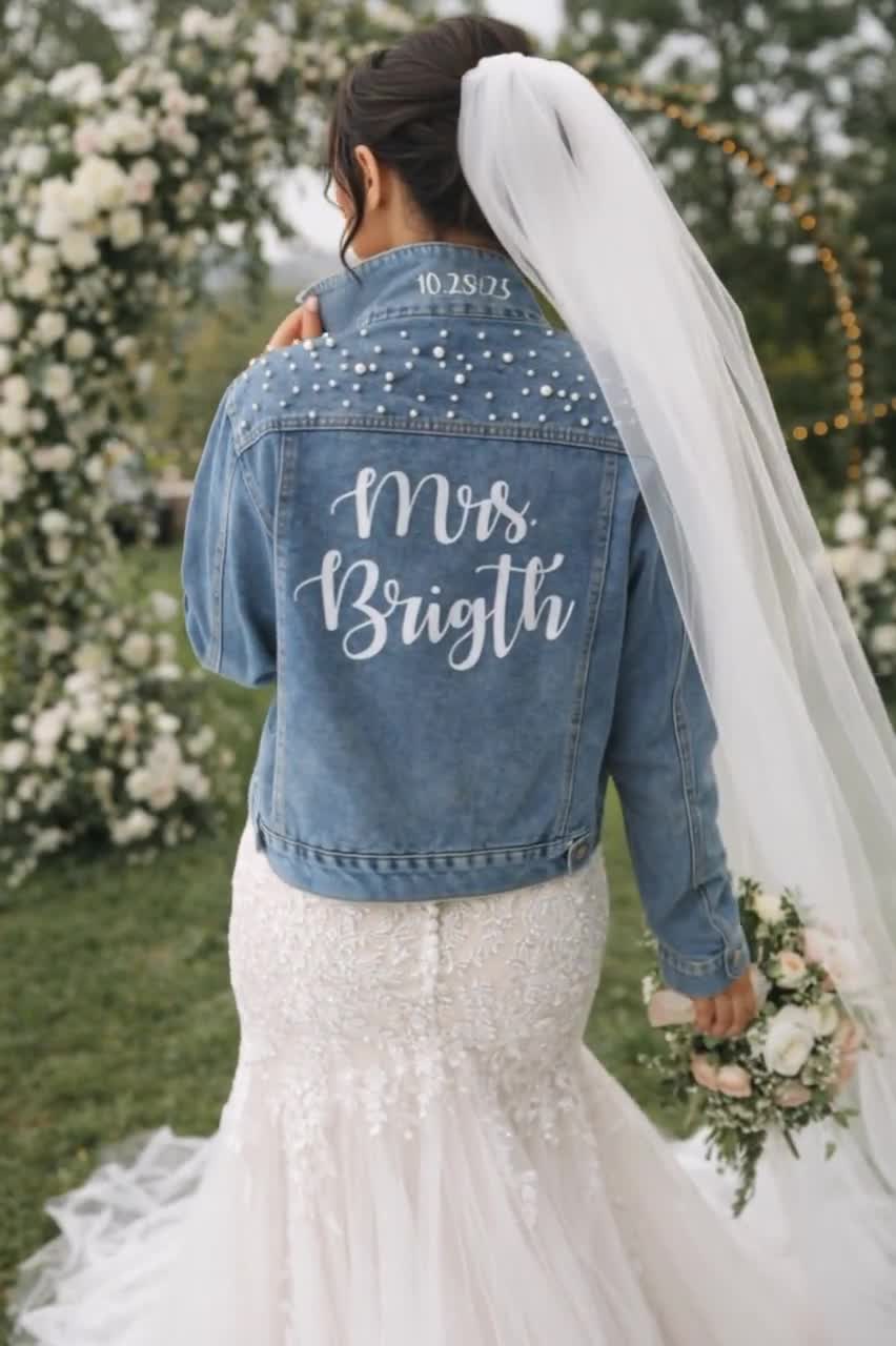 Mrs Wedding Jean Jacket, Custom Name Jacker for Bride, Custom