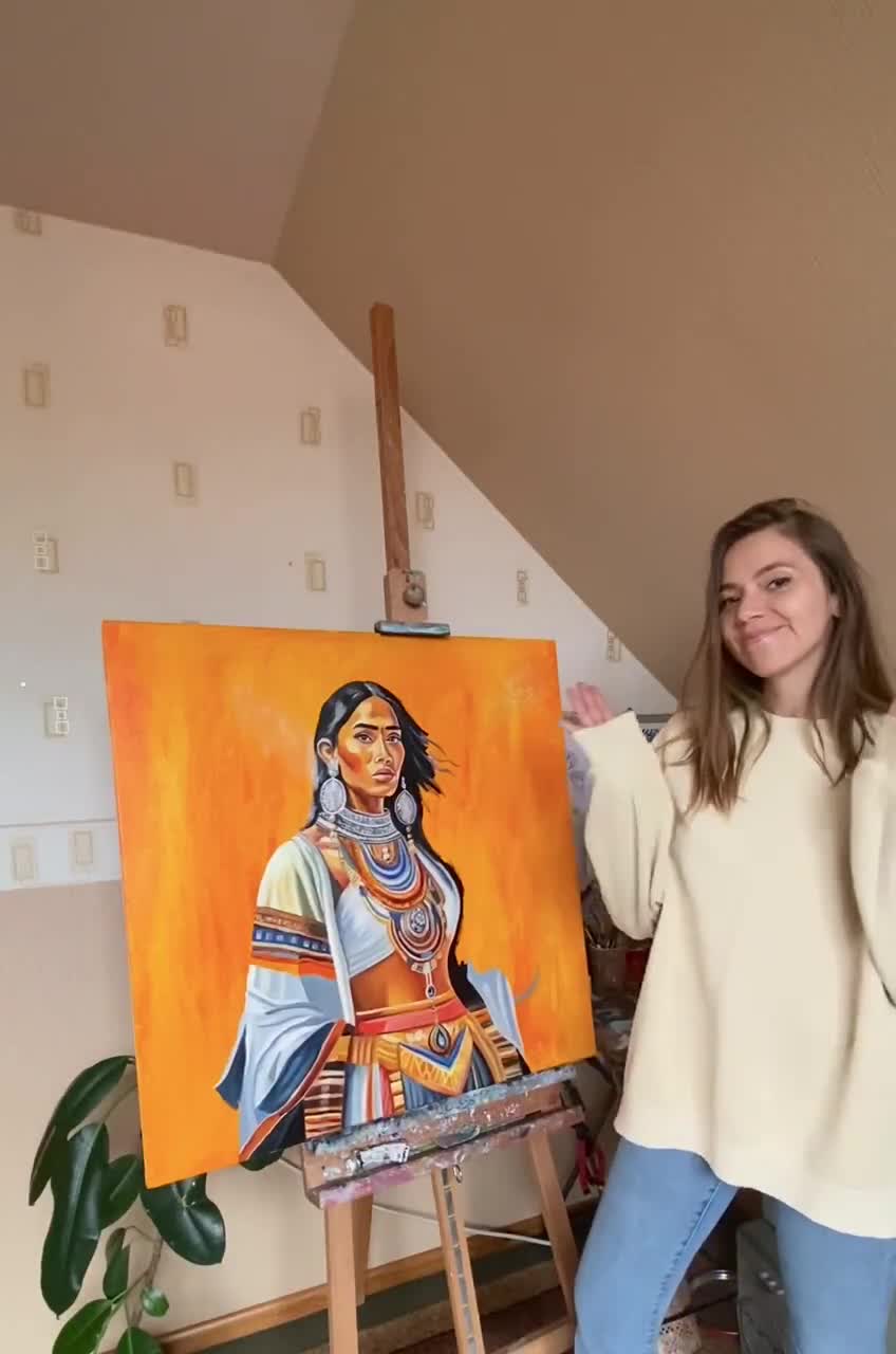 先住民女性の油絵 オリジナルの美しいネイティブアメリカン女性の絵画