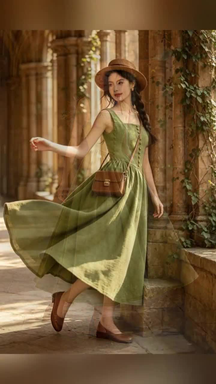 Green Pinafore Linen Dress, Women's Square Neck Button up