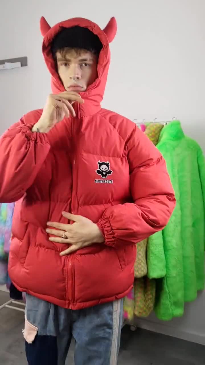 Devil Wings Jacket Red Horn Hooded Bomber Retro Anime Puffer