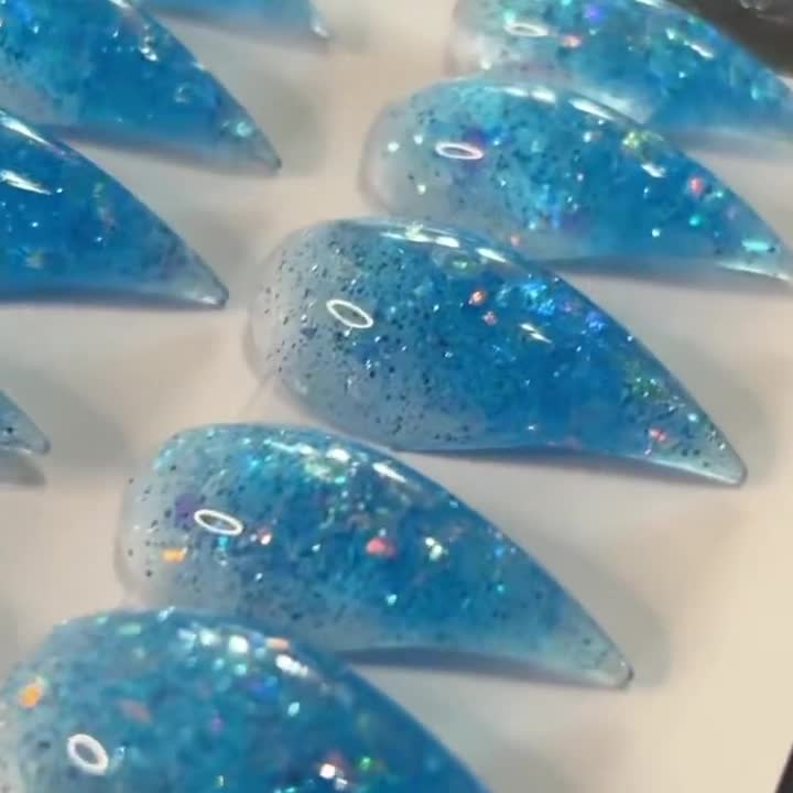 Handmade Azure Blue Dragon Claw Press on Nails, Manicure Set