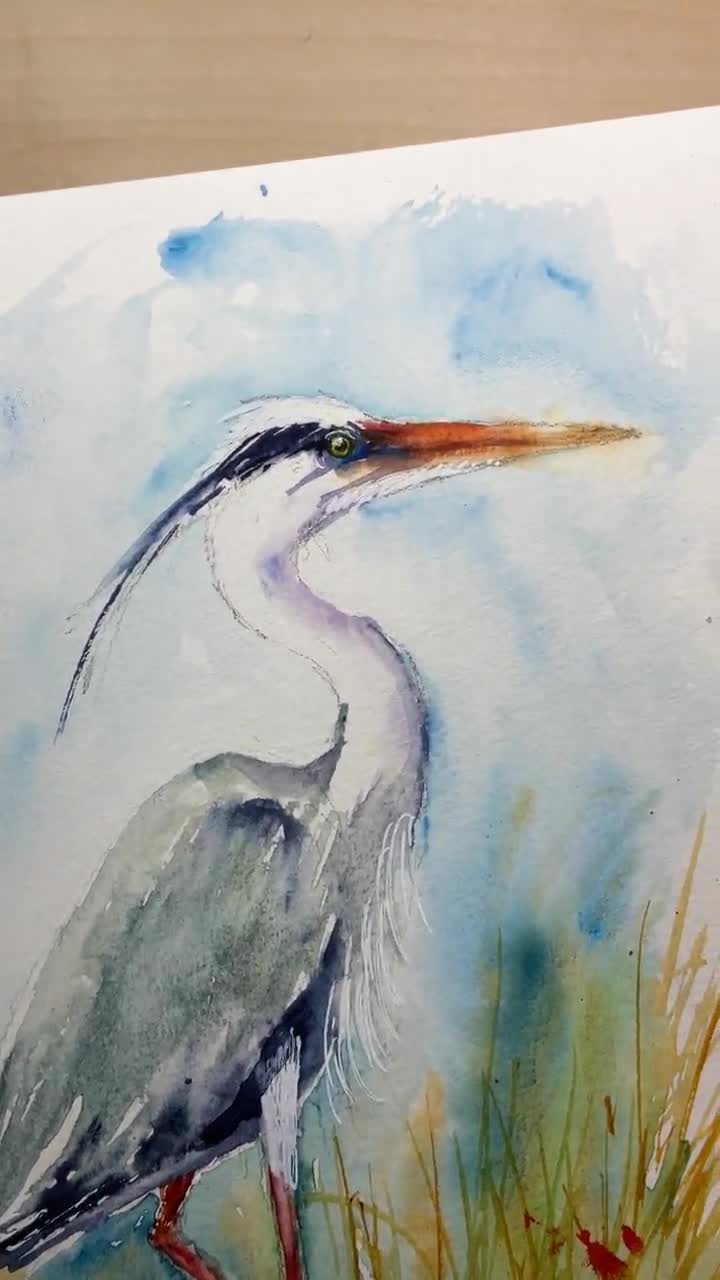 アオサギの絵画、アオサギのオリジナル水彩画、沼地や池の水鳥の絵画