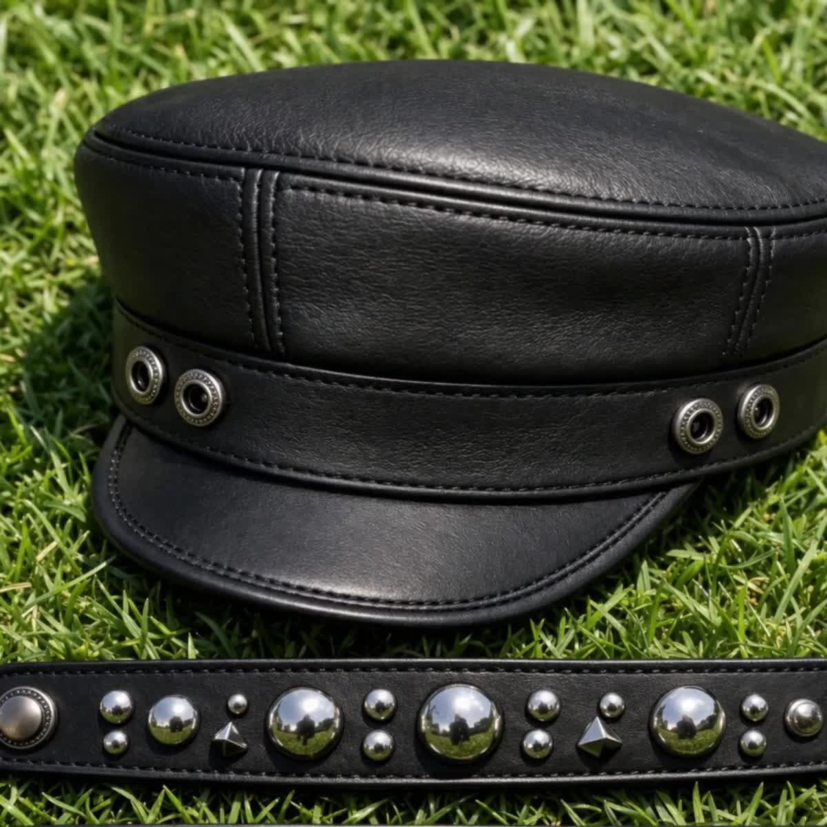 Studded Leather Captain Hat, Interchangeable Spiked Band, Biker