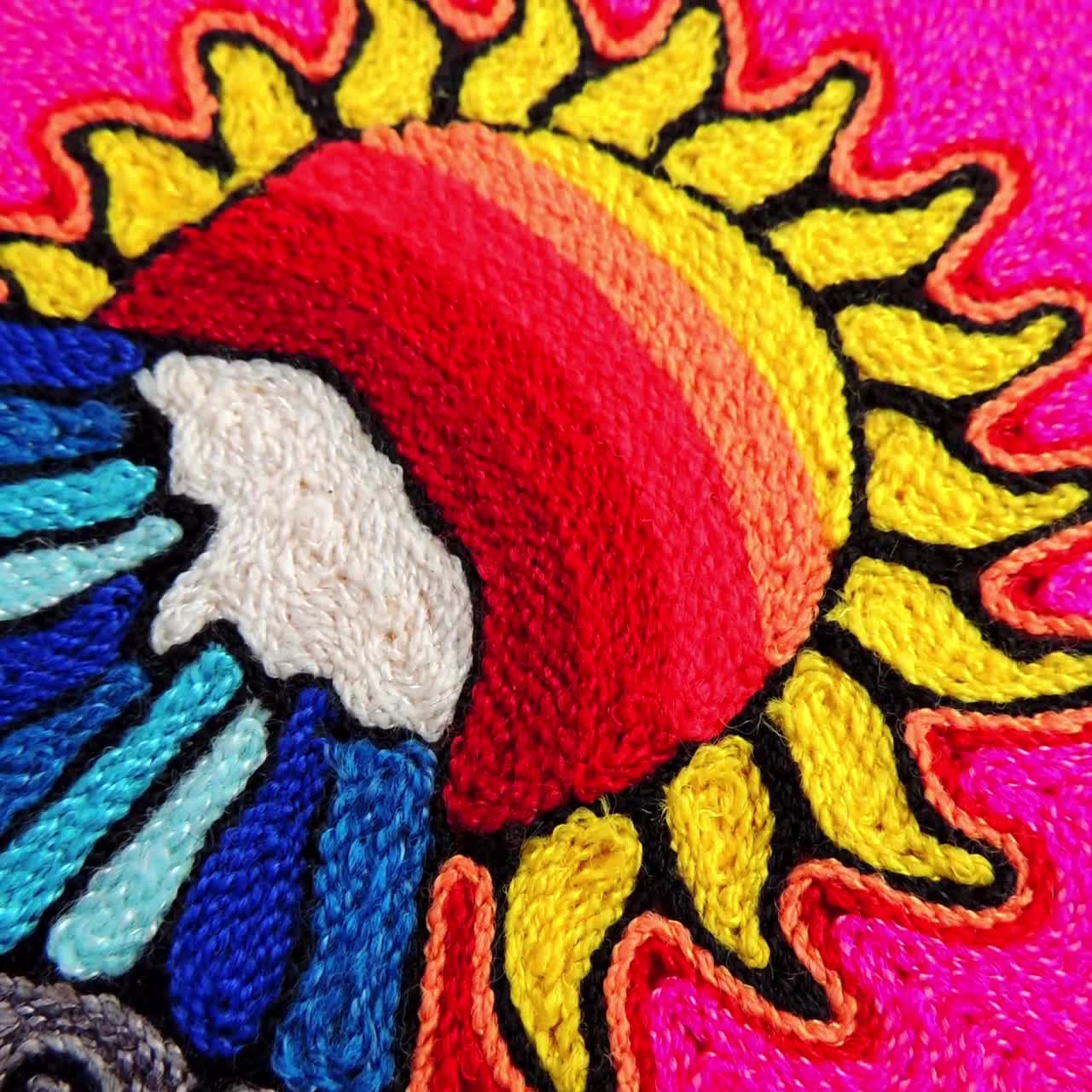Huichol Yarn Painting Mountain Sun 6-inch Round Mexican Folk Art