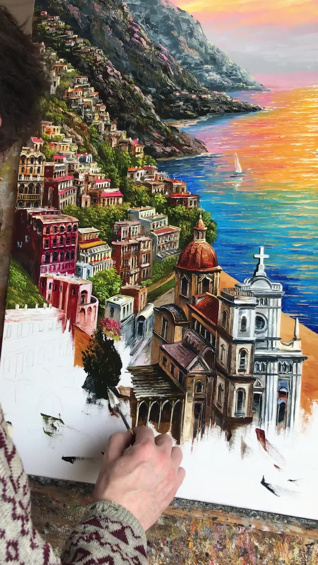 ポジターノ油絵オリジナル、イタリア・アマルフィ海岸の海景壁画