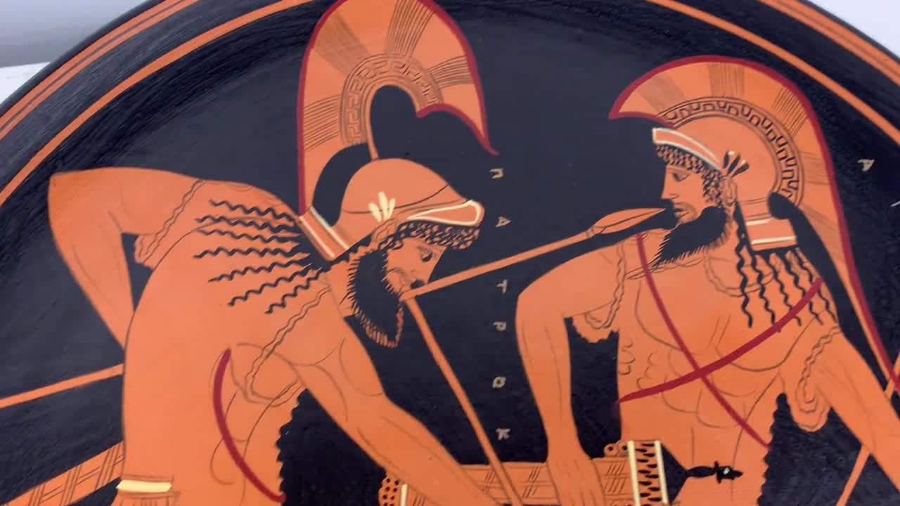 古代ギリシャ陶器 赤絵式皿 アキレスとパトロクロスのレプリカ