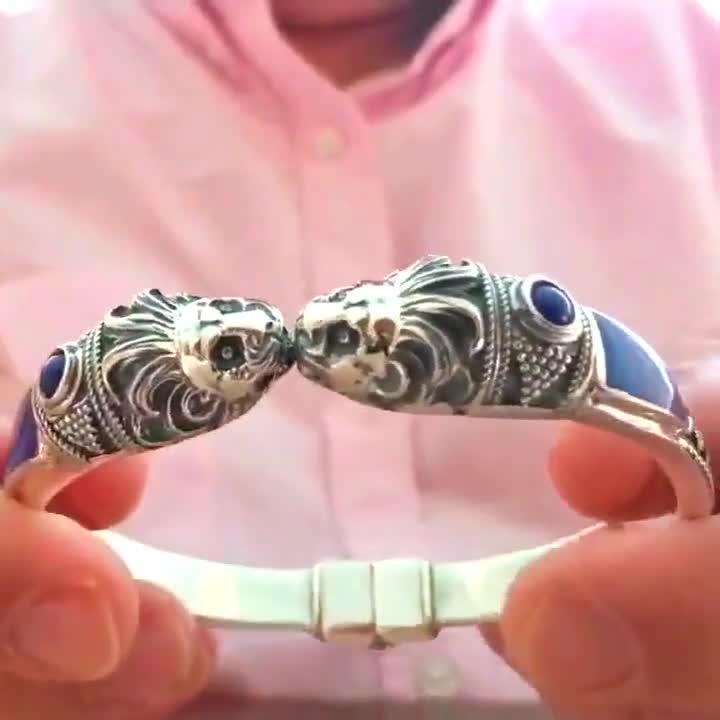 Lion Head Bracelet, Sterling Silver 925, Lapis Lazuli Inlays