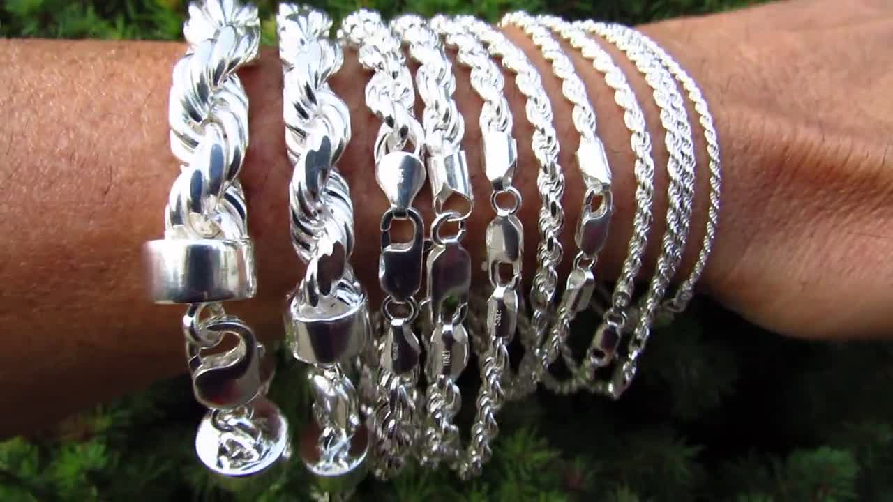 925 Italian Rope Chain Bracelet, Diamond Cut Solid Sterling Silver