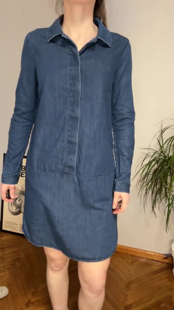 COS Denim Shirt Dress Dark Blue 100% Cotton Long Sleeve Minimalist Shift Dress