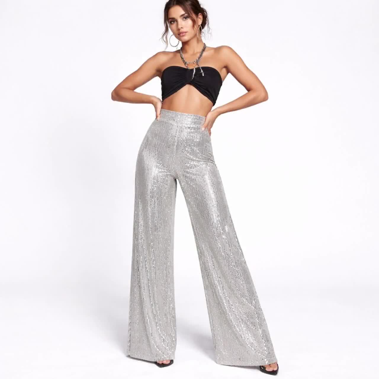 ladies silver dress pants Sequin Pants: High Waisted Glitter Wide Leg Trousers Color Name|Natural