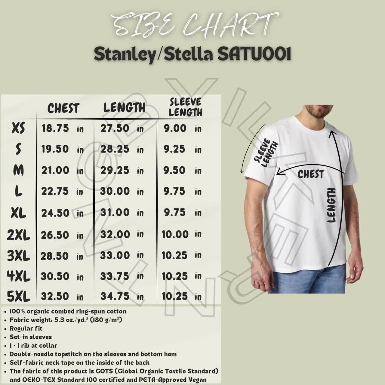 T-shirt Size Chart I Stanley Stella SATU001 Size Chart | Unisex