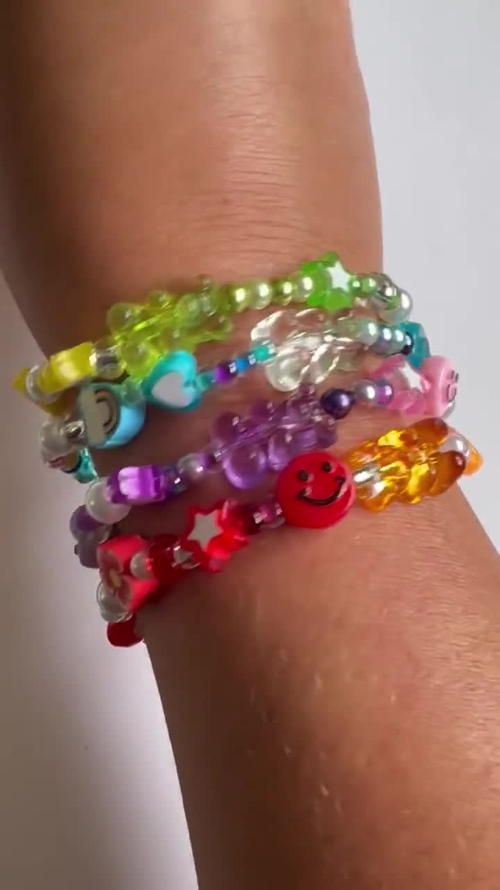 Y2K 90s Nostalgia Beaded Bracelet Stack: Smiley Face, Gummy Bear