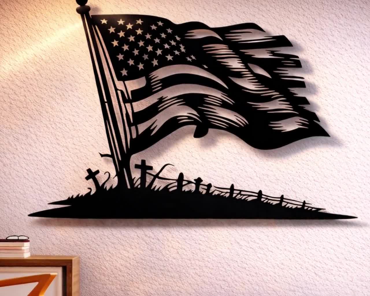 70s アメリカ製 ウォルナット材 レーザークラフト オブジェ ファインアート賞 American Flag SVG DXF Files Wall Art, Veteran CNC Plasma Laser Cut