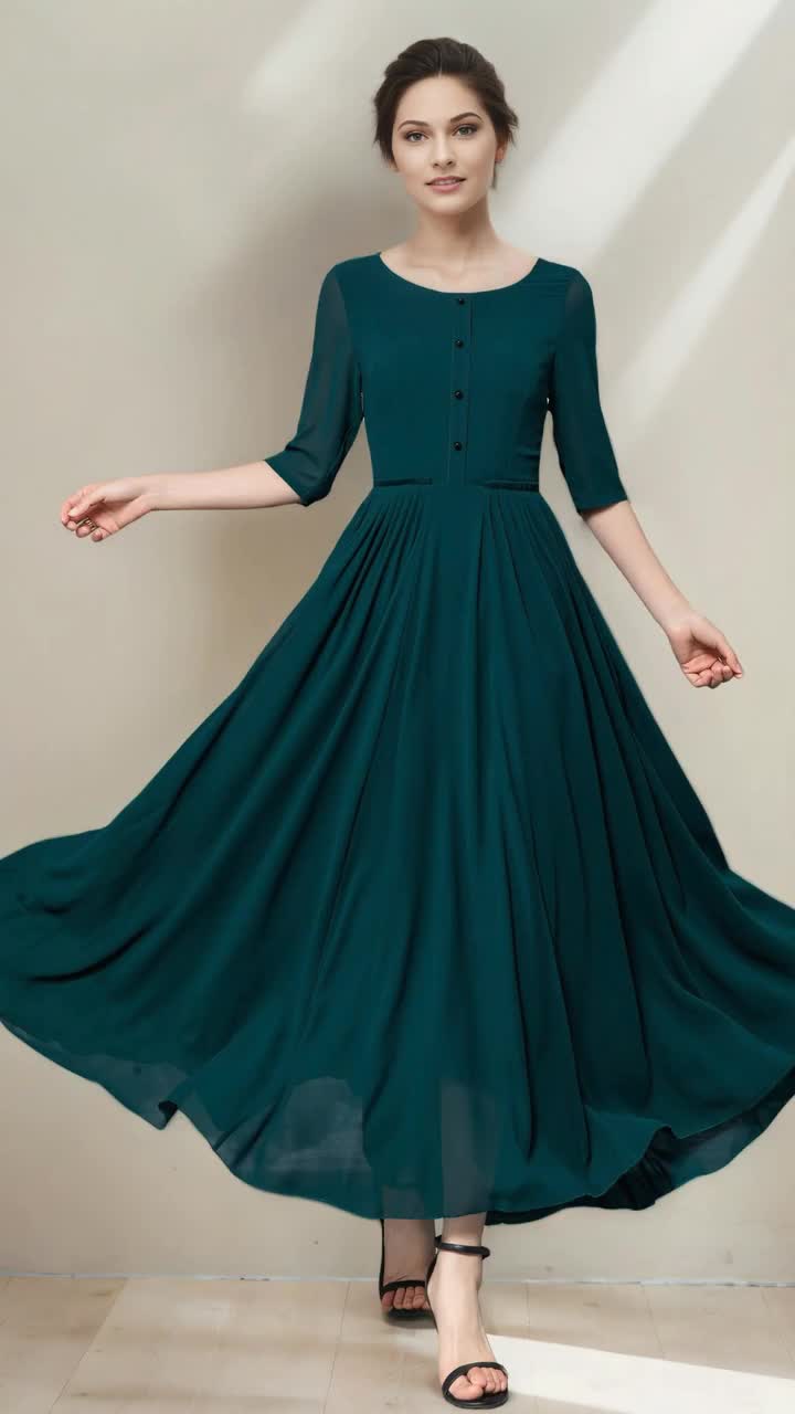 Dark Green Chiffon Maxi Dress: Long Pleated Swing Summer Dress