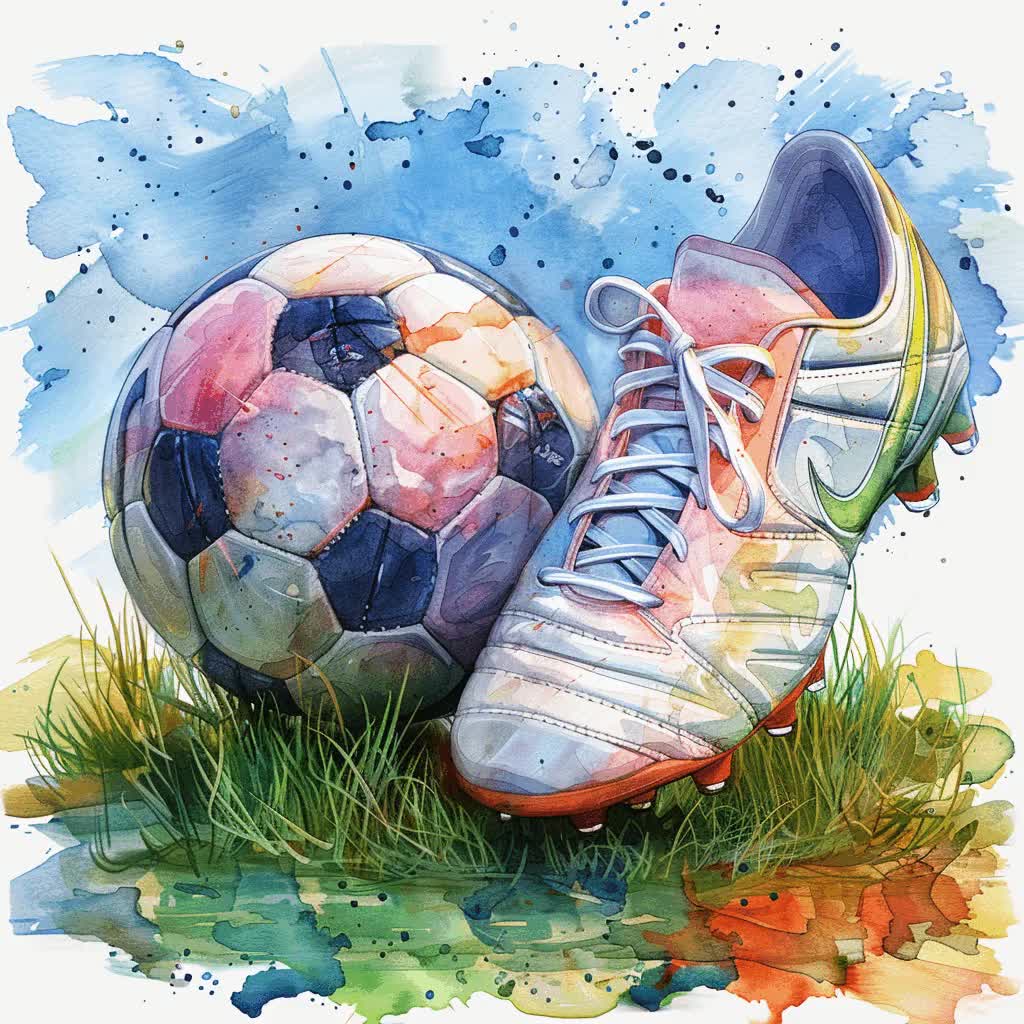 水彩画風サッカーボールとスパイクのクリップアート、PNGイラスト21点