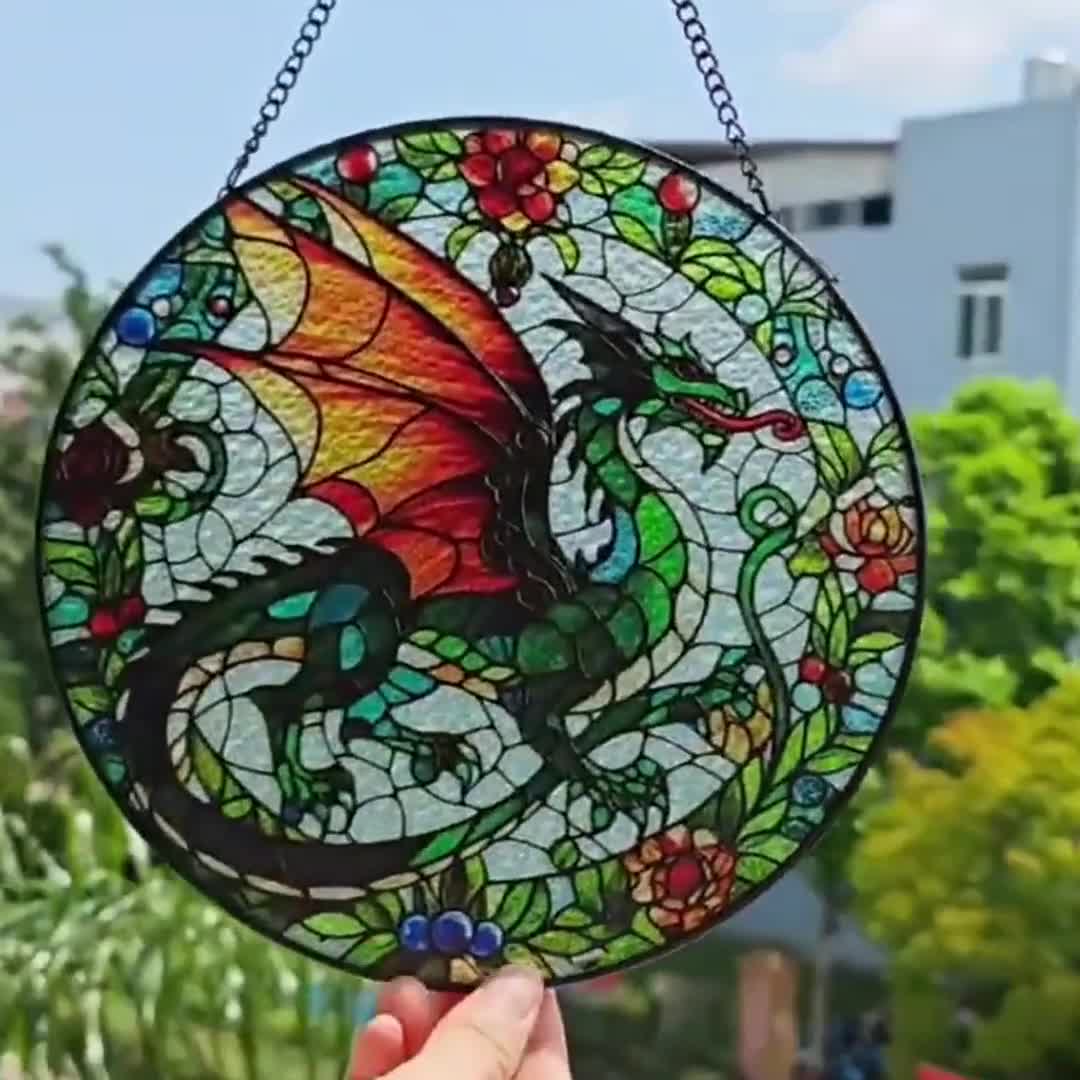 ヤシの木が描かれたトロピカルな夕日のステンドグラスパネル（窓や壁の