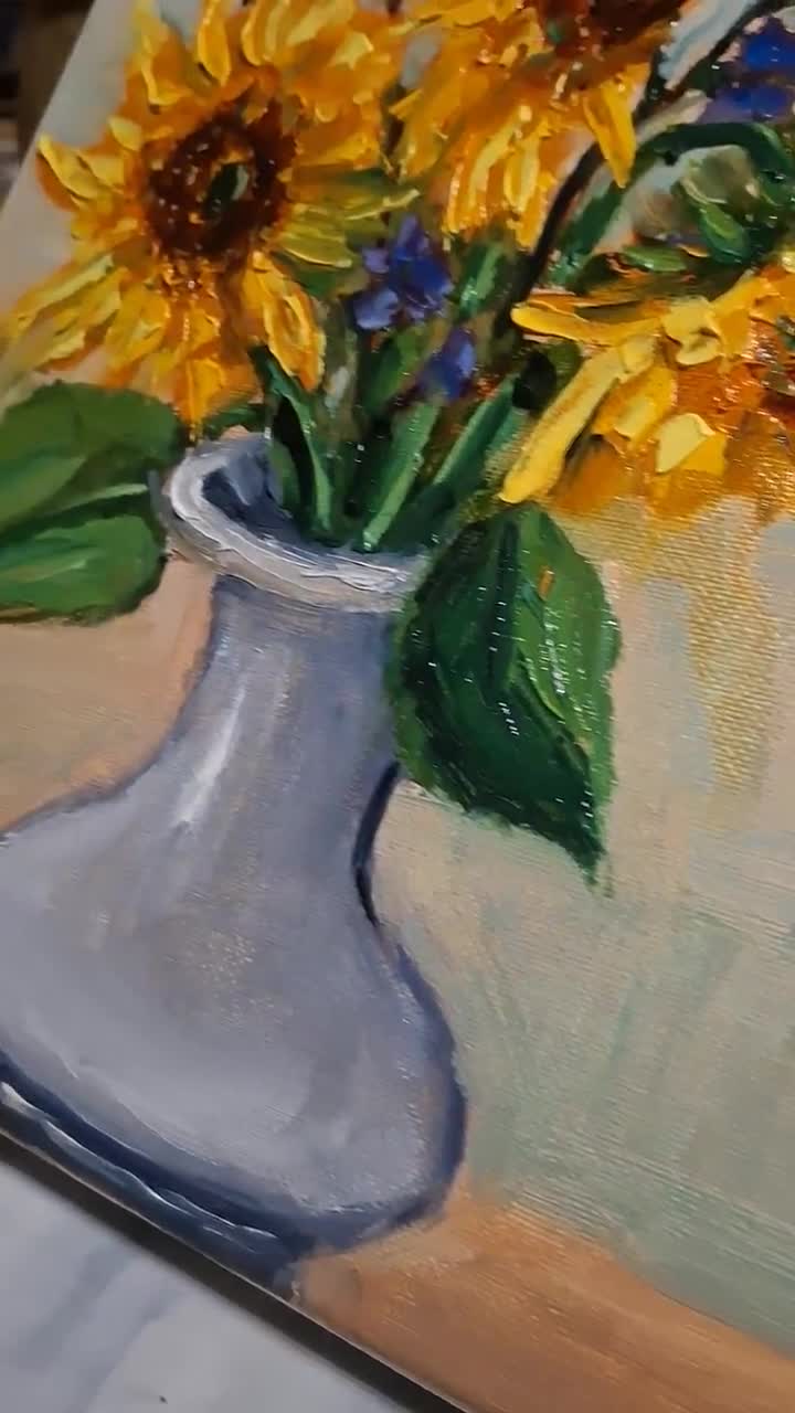 ひまわりの絵画 油絵 花瓶のひまわり アート オリジナルアート作品