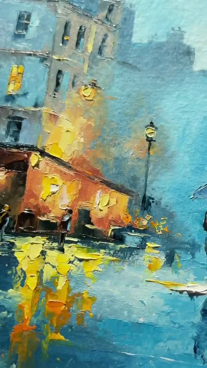Rainy Paris Painting: City Street Oil Art, Original French
