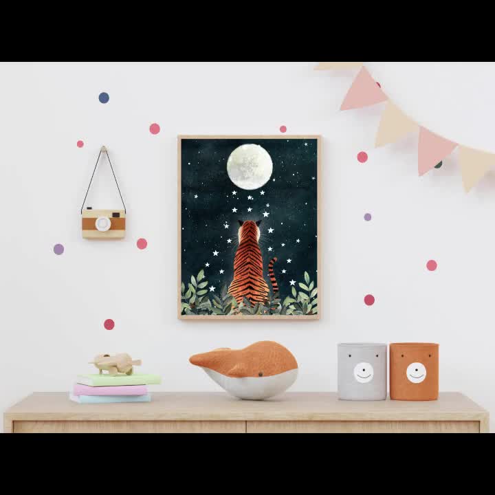 虎の星空観察アートプリント：夜のジャングルのイラスト、子供部屋の