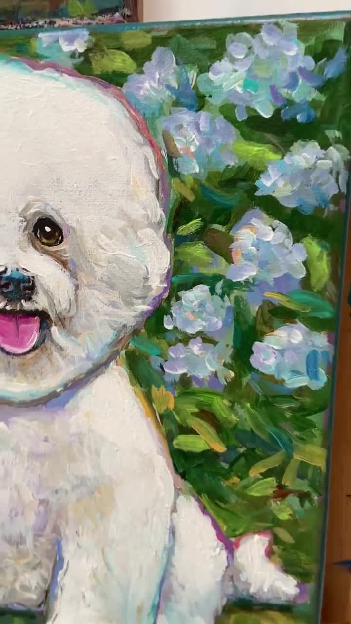 魅力的なビションフリーゼの絵画、キャンバスに描かれたオリジナルの犬