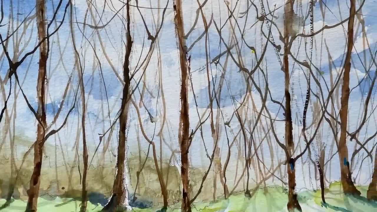 春の森の風景画、森の中の木々と白いアネモネのオリジナル水彩画