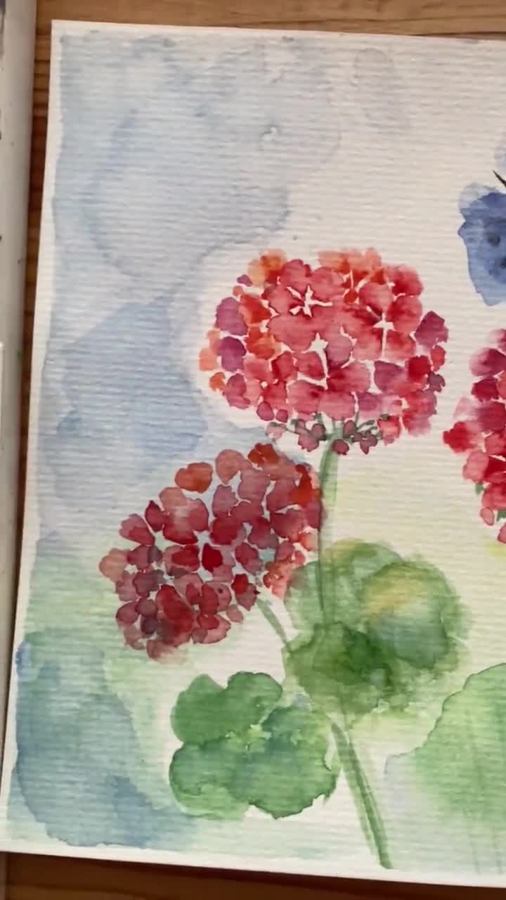 みみ水彩画　日差しの中のゼラニウム　値段は※900円です オリジナルゼラニウム水彩画：赤い花の壁アート（6x8） - Etsy 日本