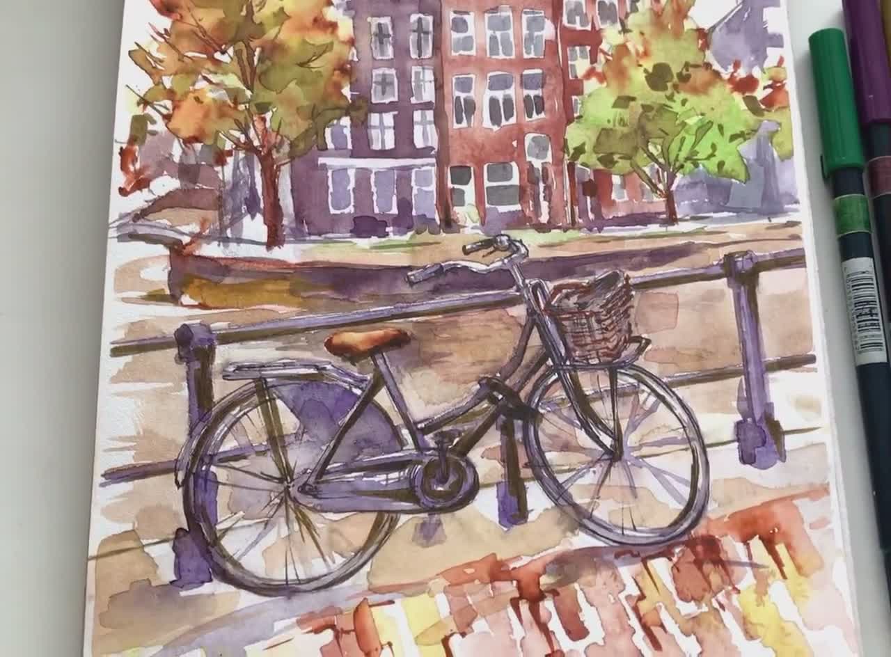 アムステルダムの絵画 オリジナル水彩画 自転車アート ヨーロッパの