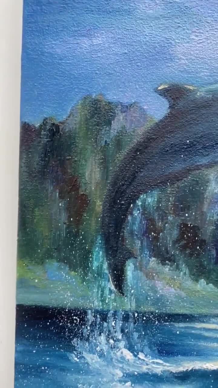 イルカの絵画：オリジナル油絵、満月の海景（10x10） - Etsy 日本