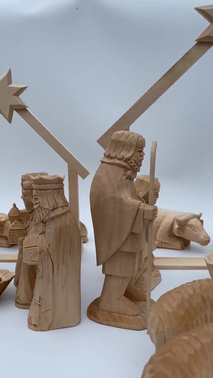 木製彫刻のキリスト降誕セット、宗教的な置物、クリスマス降誕シーン