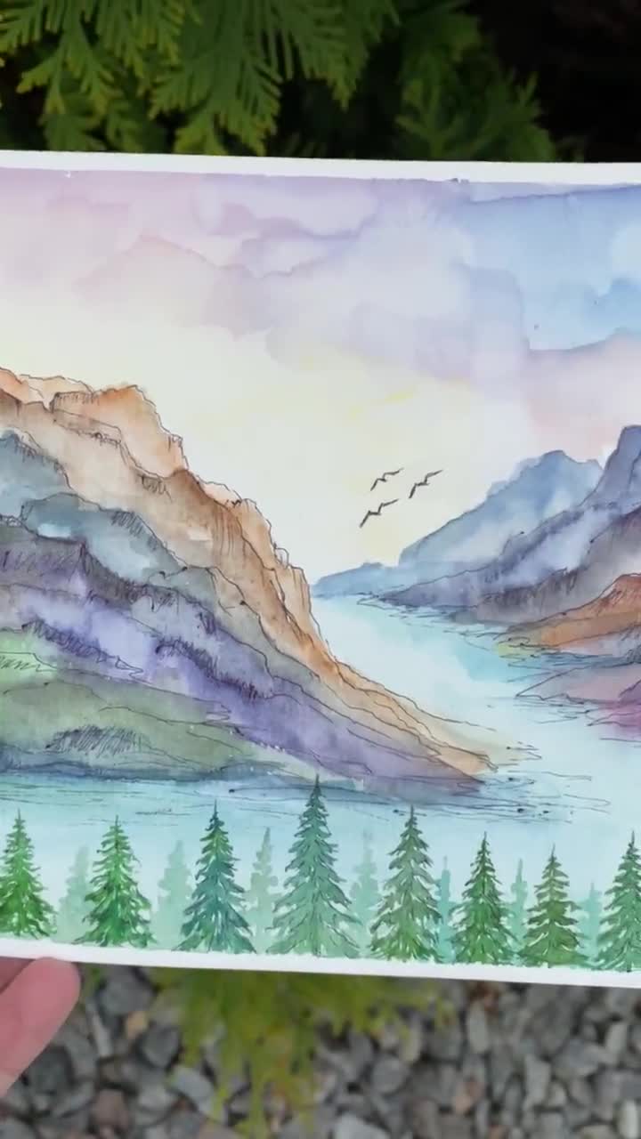 イエローストーン国立公園の絵画：オリジナル水彩山の風景画（6x8