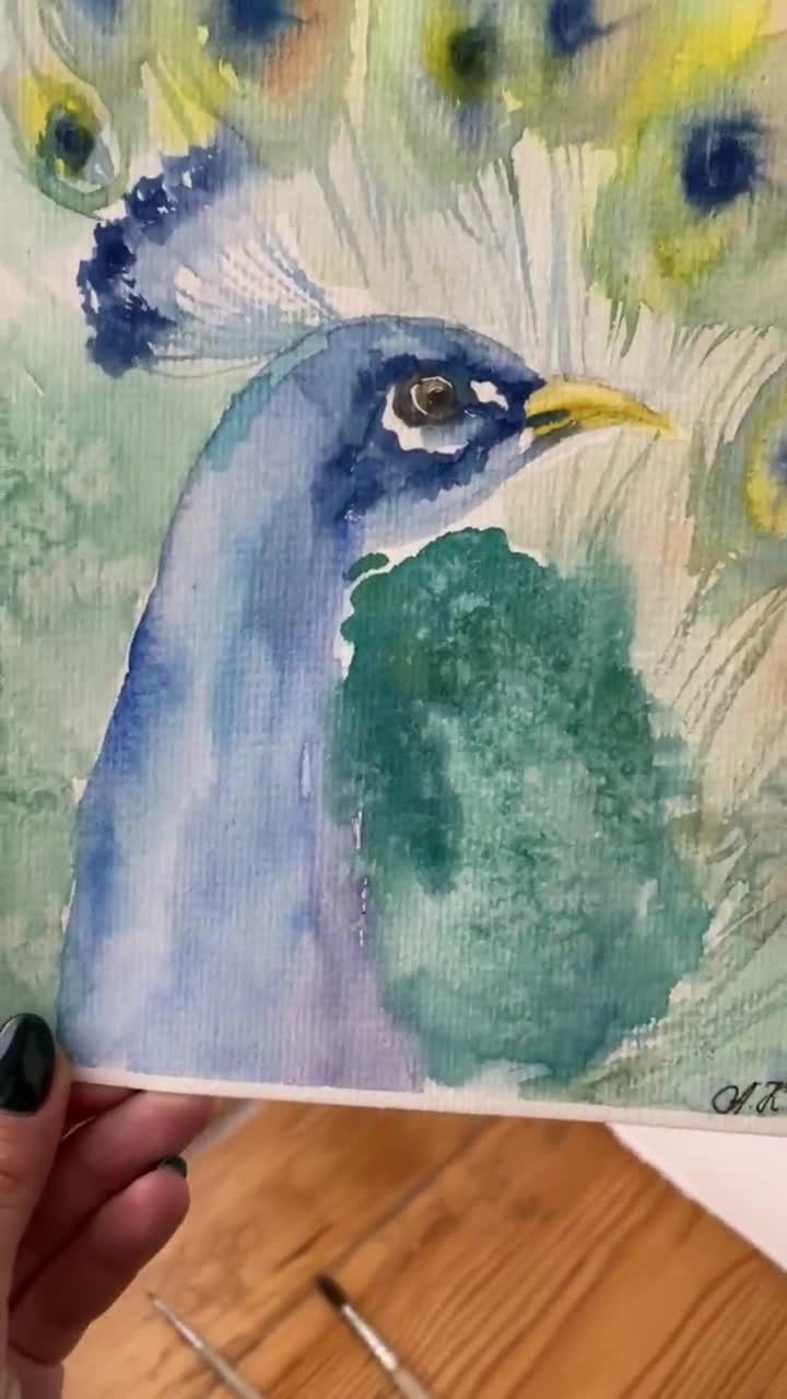 オリジナルの孔雀の水彩画：カラフルな鳥の壁アート（8x6） - Etsy 日本