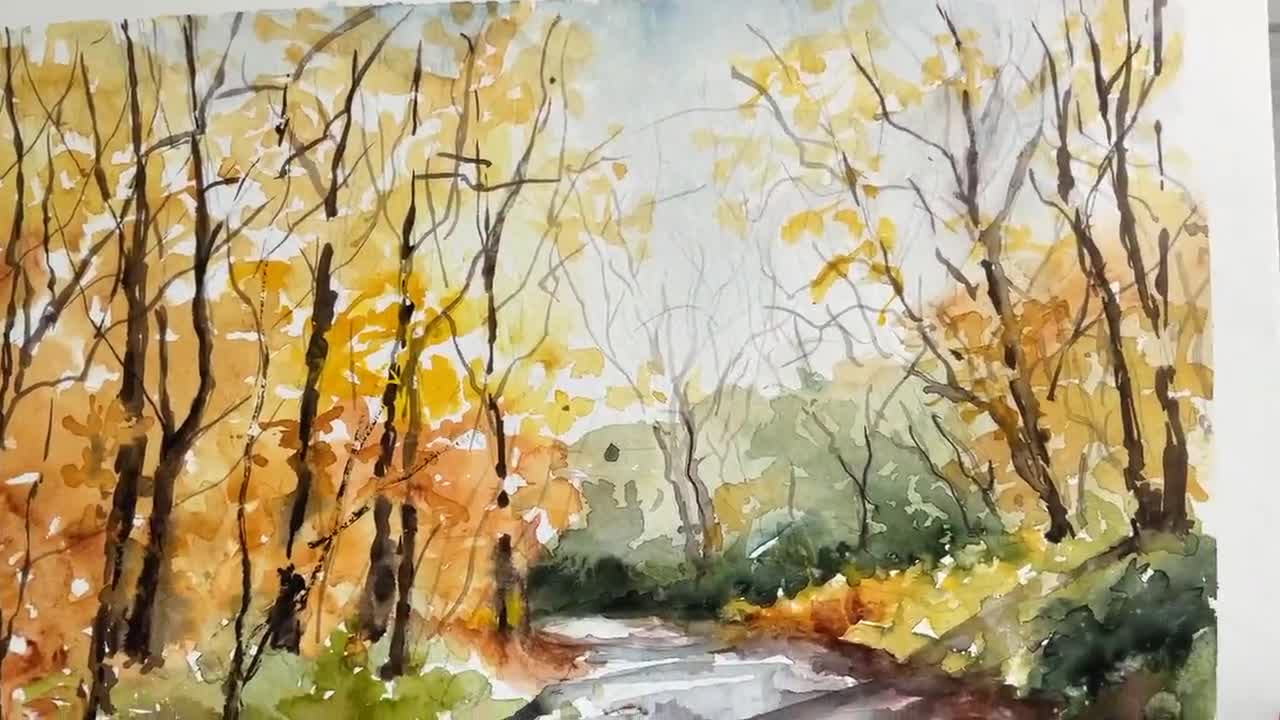 オリジナルの水彩画の秋の森、森の風景、森の絵、木々、下草、黄金色の
