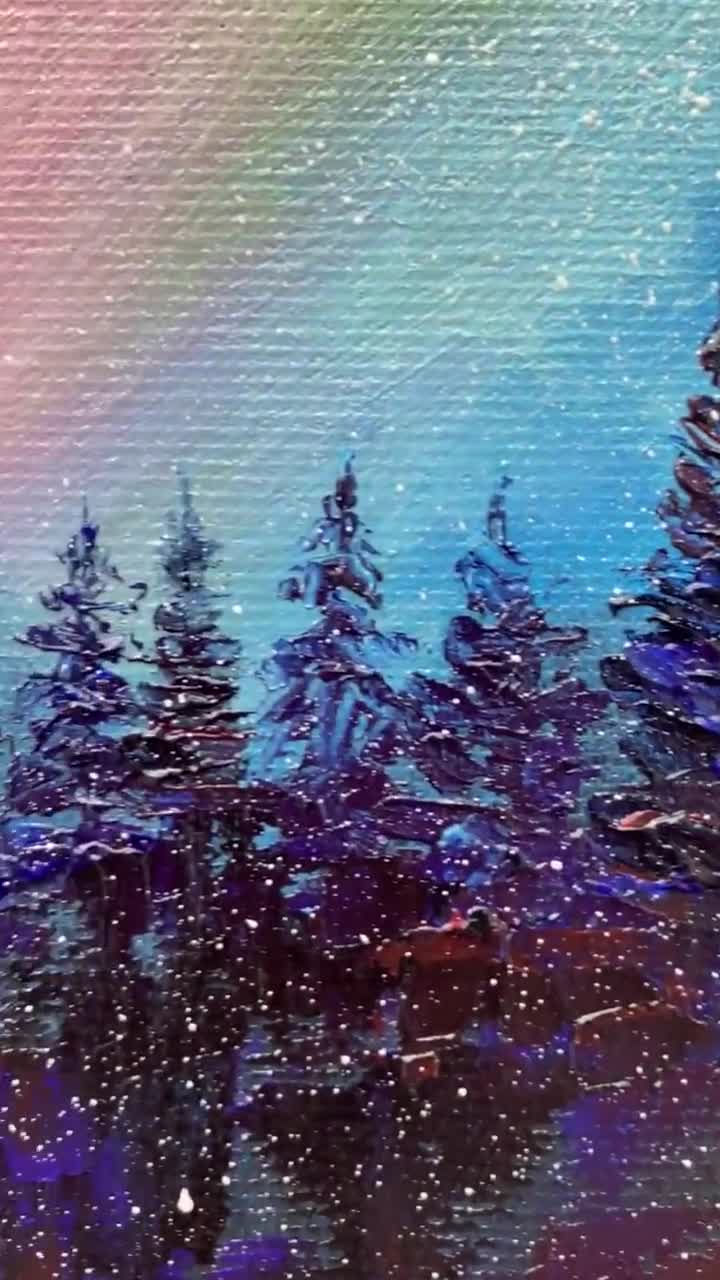 オリジナルオーロラ油絵：ミネソタの夜空インパストアート（12x12