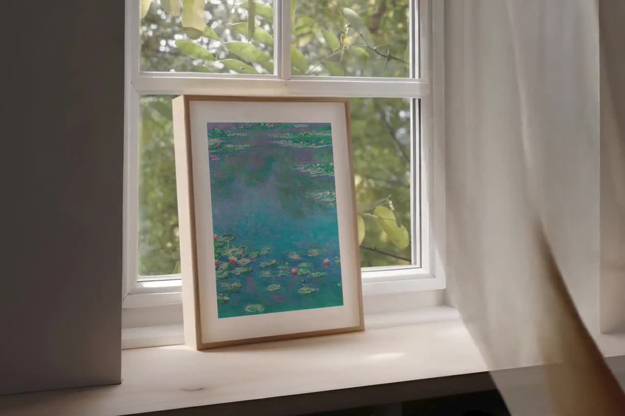 クロード・モネのターコイズブルーの睡蓮の絵画、デジタルダウンロード