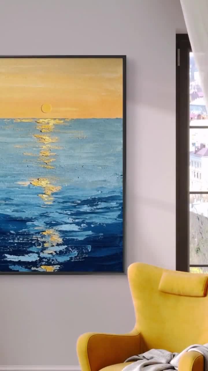 Large Original Seascape Painting | Hand Painted Orange Sunset