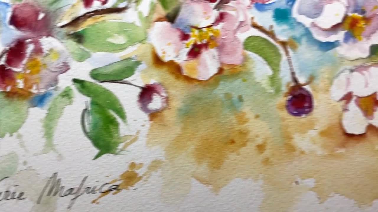 春のリンゴの花の水彩画、ピンクの木の花の花束のオリジナル絵画、再生