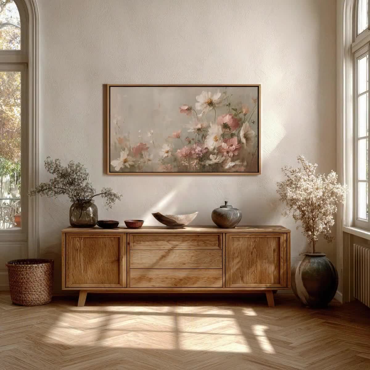 Moody Floral Frame TV Art, Vintage Botanical Painting, Soft Pastel