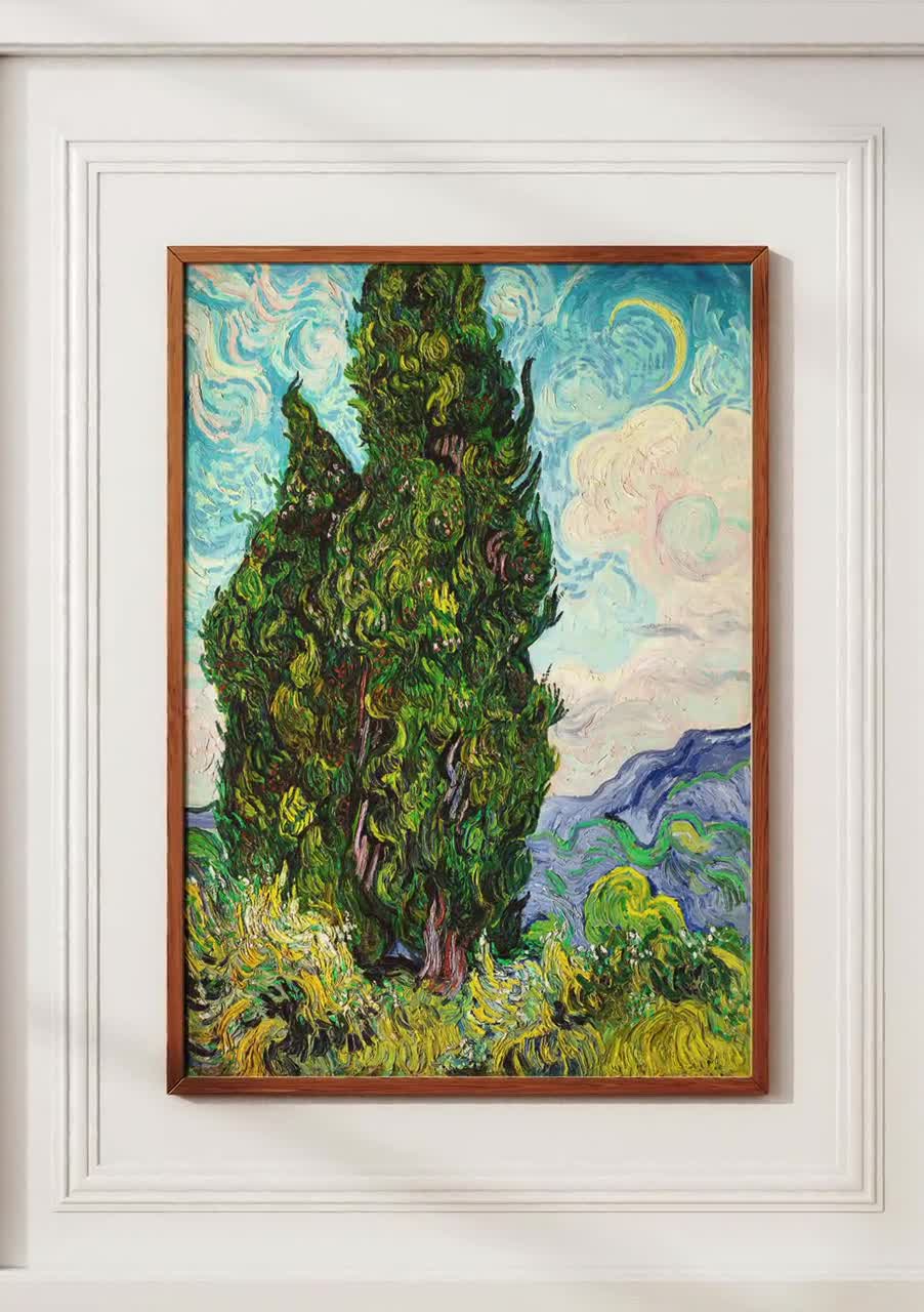 ゴッホの糸杉ポスター、風景画、緑の自然プリント、鮮やかな空の絵画
