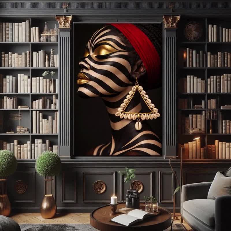 Luxury Zebra Face Wall Art, Black Woman Gold Portrait Canvas, Afro