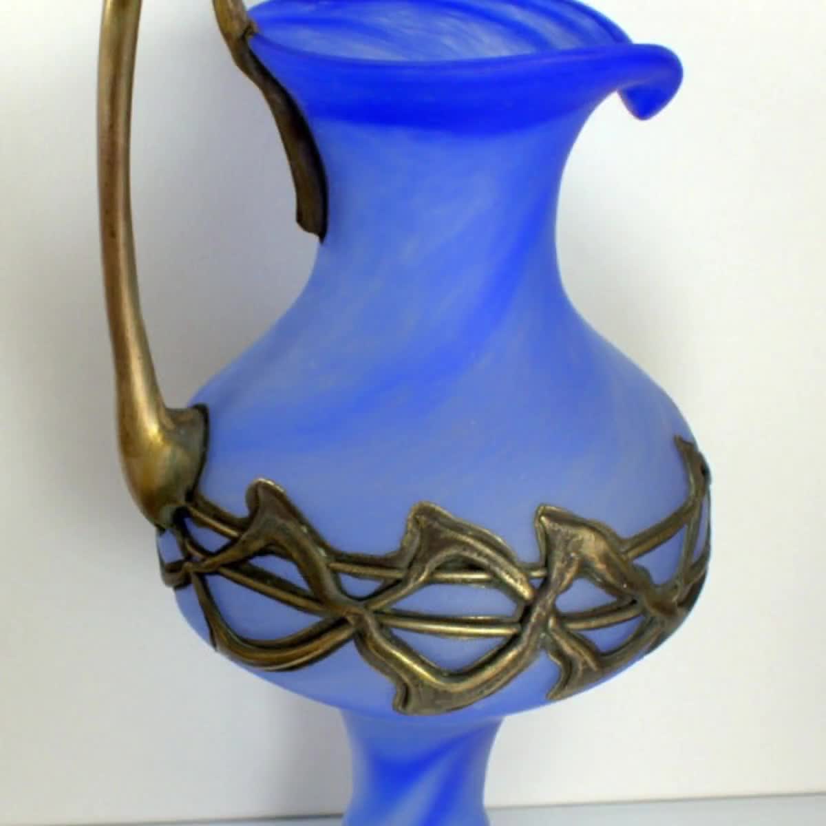 Filip Ravert Art Glass Vase: Blue Fluted Pitcher With Bronze