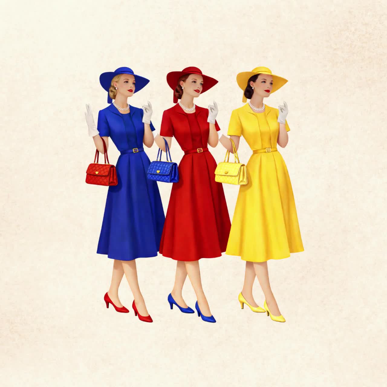 1950s Women Clipart: Midcentury Women Fashion Handbags (digital