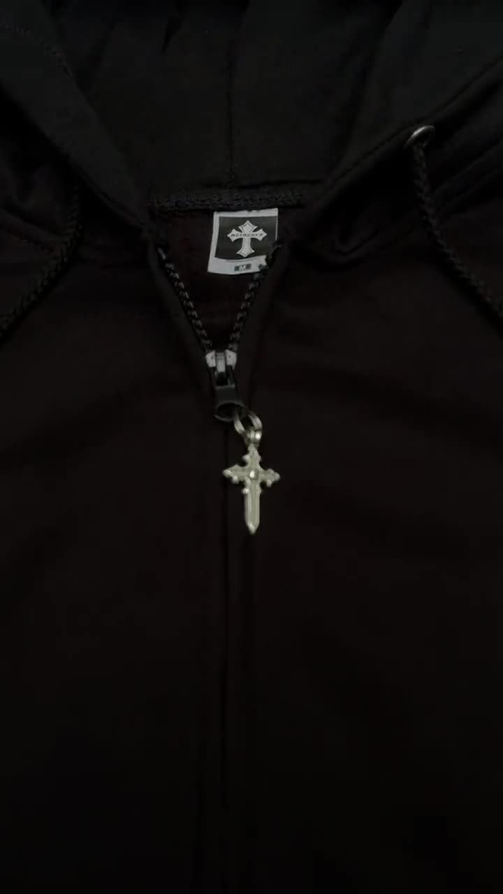 Y2K Grunge Studded Hoodie, Goth Zip up Jacket, Black Rivet Alt