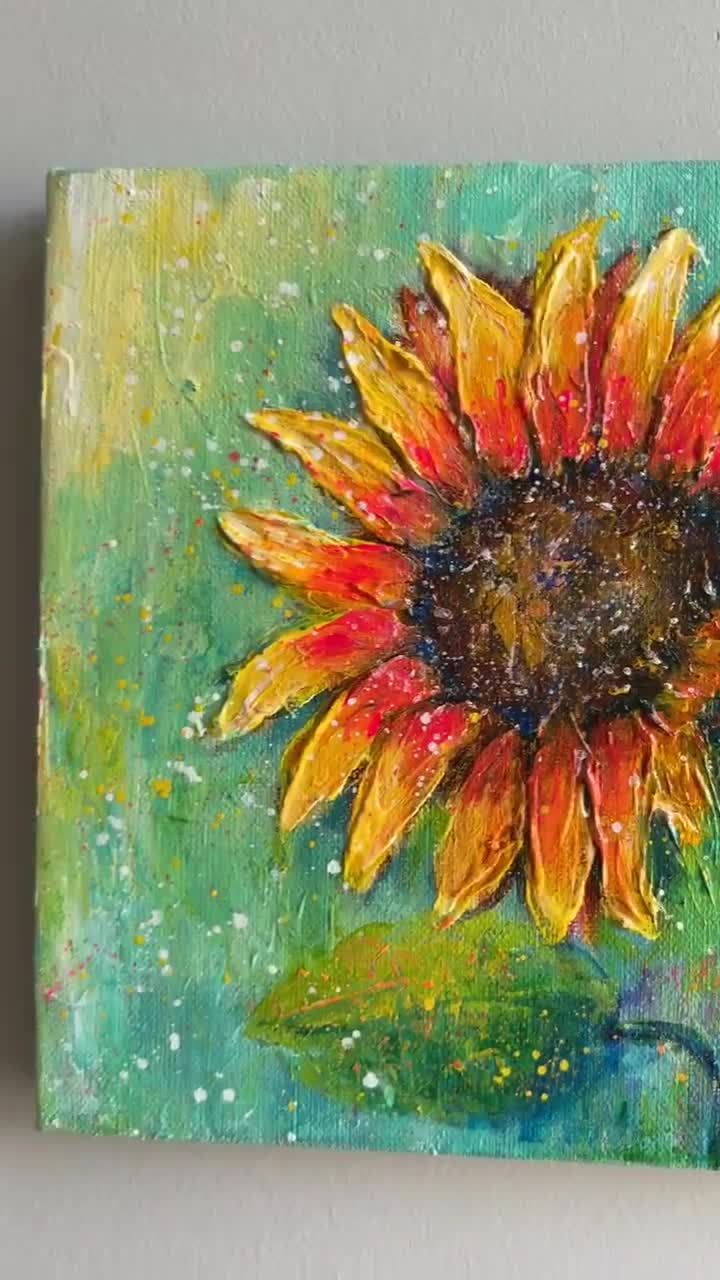 ひまわりのアクリル画オリジナル、キャンバスウォールアート8x8、質感